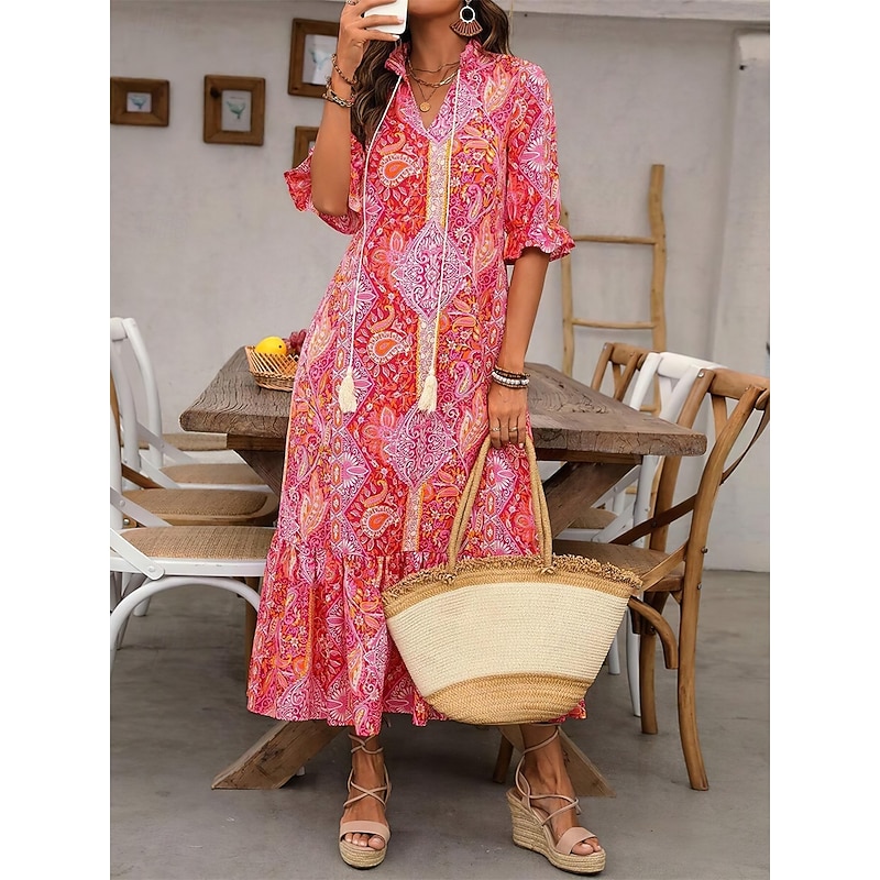 Women's Maxi Dress Casual Dress Boho Dress Cute Stylish Casual Vacation Daily Loose Fit Graphic 3/4 Length Sleeve V Neck Red Blue Orange Summer Spring Fall4