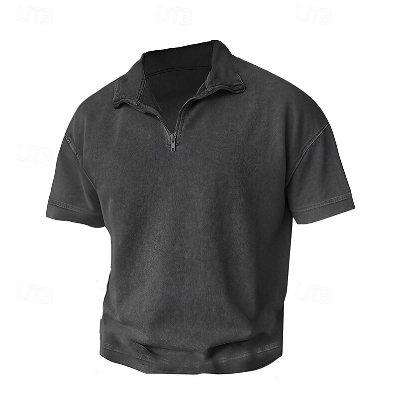Men's Polo Shirts Zip Polo Formal Work Ribbed Polo Collar Short Sleeve Solid Color Buttons Logo Summer Spring Fall Black Purple Green Gray Polo Shirts3