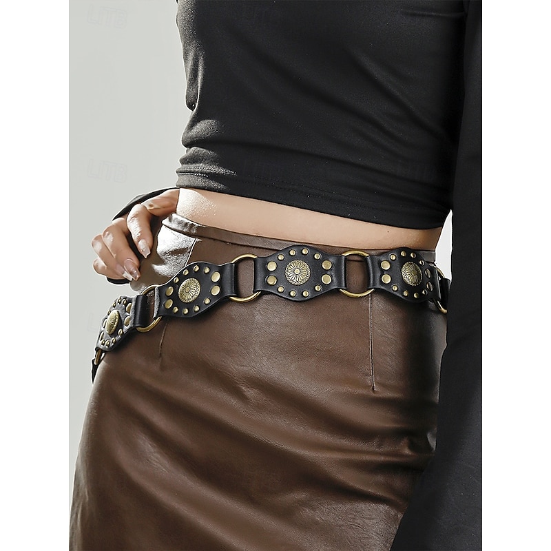 Western Cowboy Style Brown Leather Belt with Gold Buckle and Studded Decorative Accents, Vintage Waist Belt for  Women, Perfect for Casual Wear and Cowboy Costumes