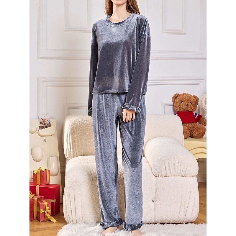 Women's Pajama Set Casual Comfort Pure Color Elastic Waist T Shirt Pant Home Daily Long Sleeve Crew Neck Red Beige Gray Fall Winter4