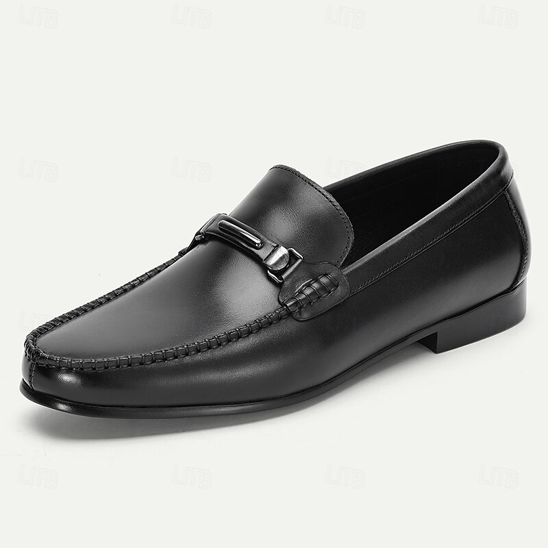 Men's Black Premium Cowhide Leather Loafers with Metal Buckle, Comfortable Slip-On Shoes for Formal and Casual Occasions3