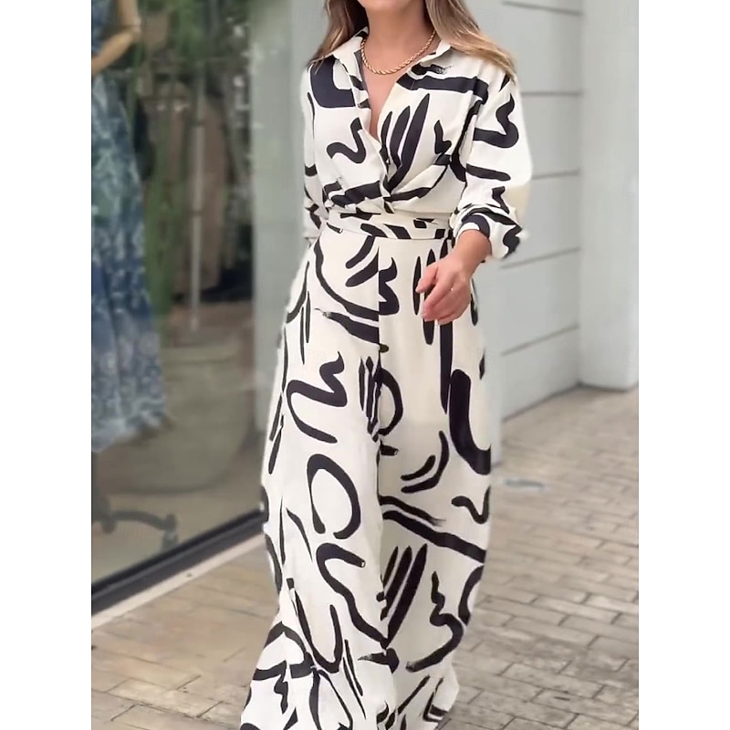 Women's Normal Jumpsuit Stylish Geometric Long Sleeve Shirt Collar Belted Vacation Party Loose Fit White Spring