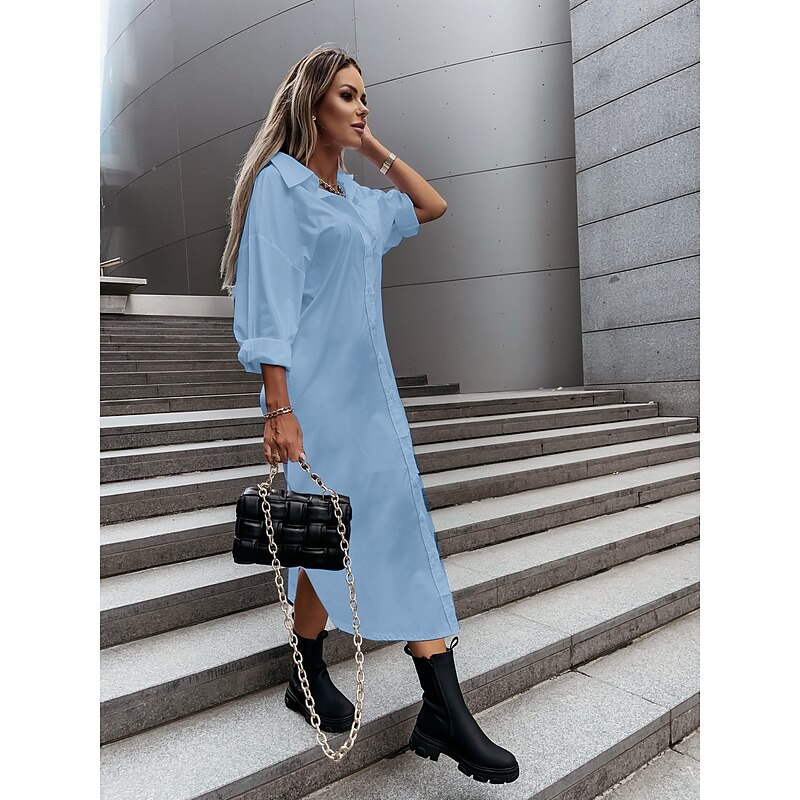 Women's Shirt Dress Midi Dress Buttons Split Thigh Casual V Neck Long Sleeve Black White Blue Color3