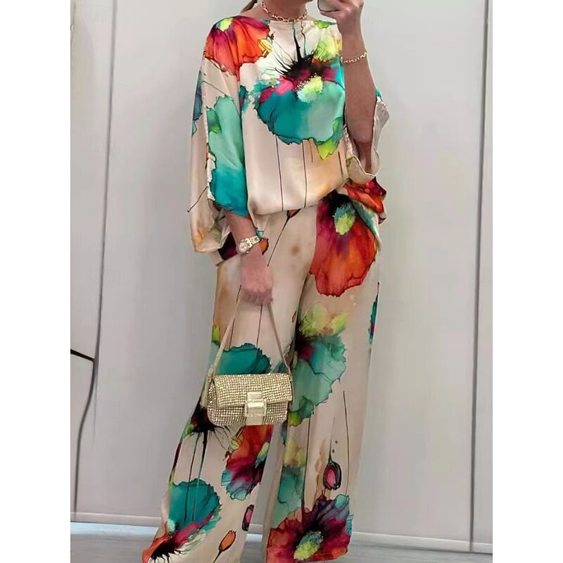 Women's Fashion Streetwear Daily Shirt Blouse Wide Leg Pants Long Sleeve Crew Neck Floral Print Casual Daily Black Orange Green Spring &  Fall Regular Fit2