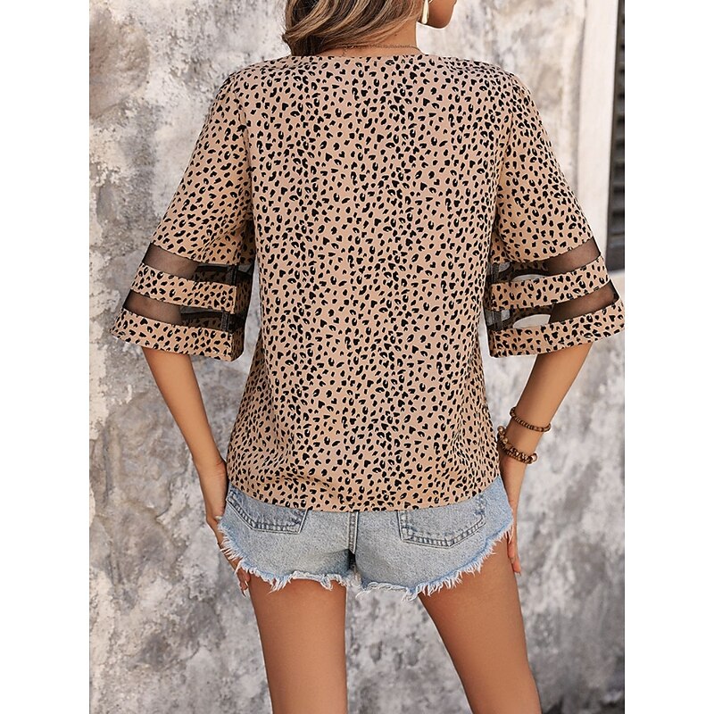 Women's Shirt Blouse Leopard Casual Half Sleeve V Neck Regular Tops Daily Mesh Patchwork Print Khaki Spring &  Fall2