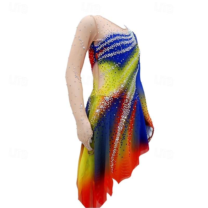 Figure Skating Dress Women's Girls' Ice Skating Dress Rainbow High Elasticity Training Competition Skating Wear Classic Crystal / Rhinestone Long Sleeve Ice Skating Figure Skating4