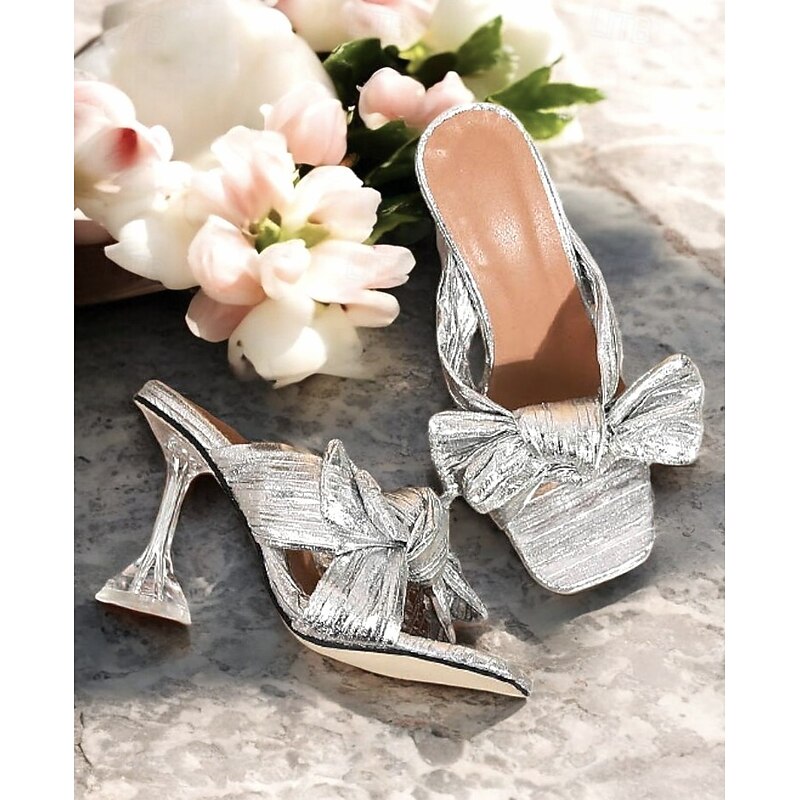 Silver Metallic Bow-Knot Heels with Transparent Block Heel Design - Statement Party Shoes for Women4