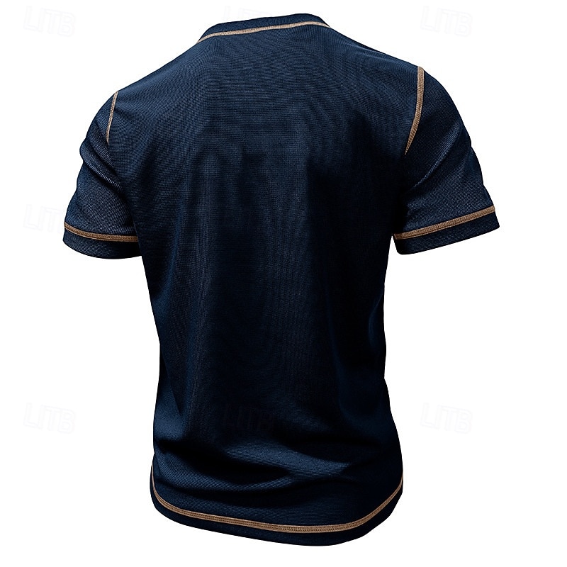 Men's Waffle Tee Waffle Henley Shirt Short Sleeve Solid Color Vintage Button Up Pocket Contrast Stitching Henley Casual Daily Summer Spring Black Gray Light Blue Henley T-Shirt4