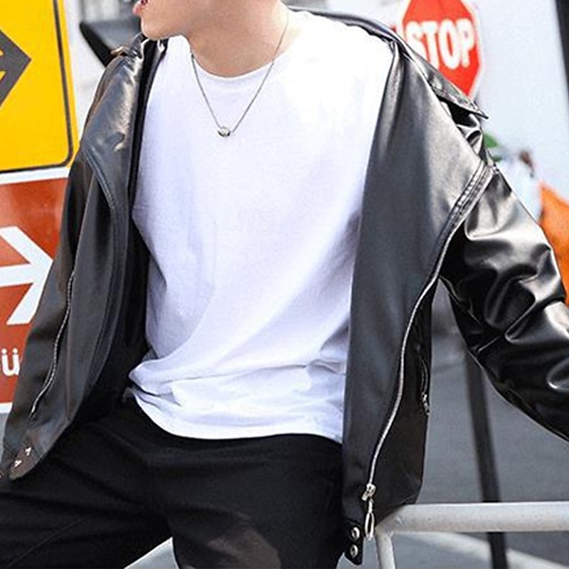 Men's Faux Leather Jacket Transition Jacket Biker Jacket Motorcycle Jacket Vacation Daily Windproof Warm Pocket Fall & Winter Plain Fashion Classic Lapel Regular Black Jacket3
