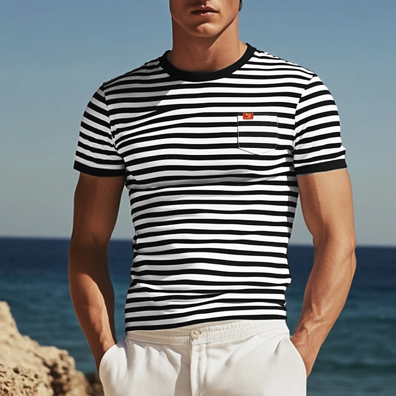 Men's T Shirt Tee Top Short Sleeves Crew Neck Summer Striped Fashion Designer Basic Front Pocket Vacation Street Going out Black Red Light Gray Top Tee for Men4