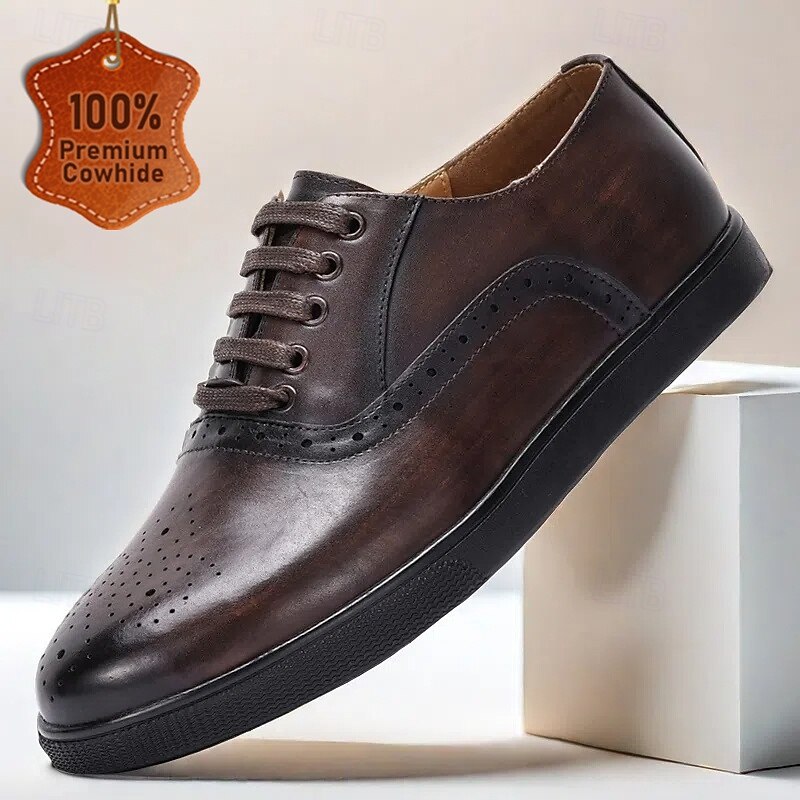 Men's Brown Cowhide Leather Brogue Oxford Shoes with Perforated Detailing – Stylish Formal Shoes for Business, Weddings, and Special Occasions