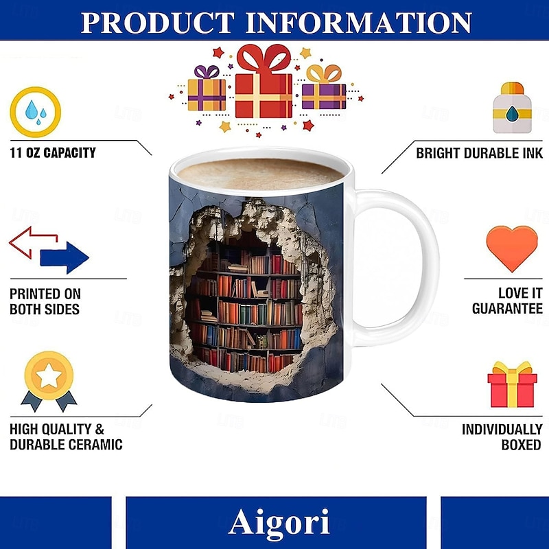 3D Bookshelf Mug, Ceramic Mug,Library   Bookshelves Hole In A Wall Mug,Book Lovers Coffee Mug, Cool Bookish Gifts for Readers Christmas Xmas Gift4