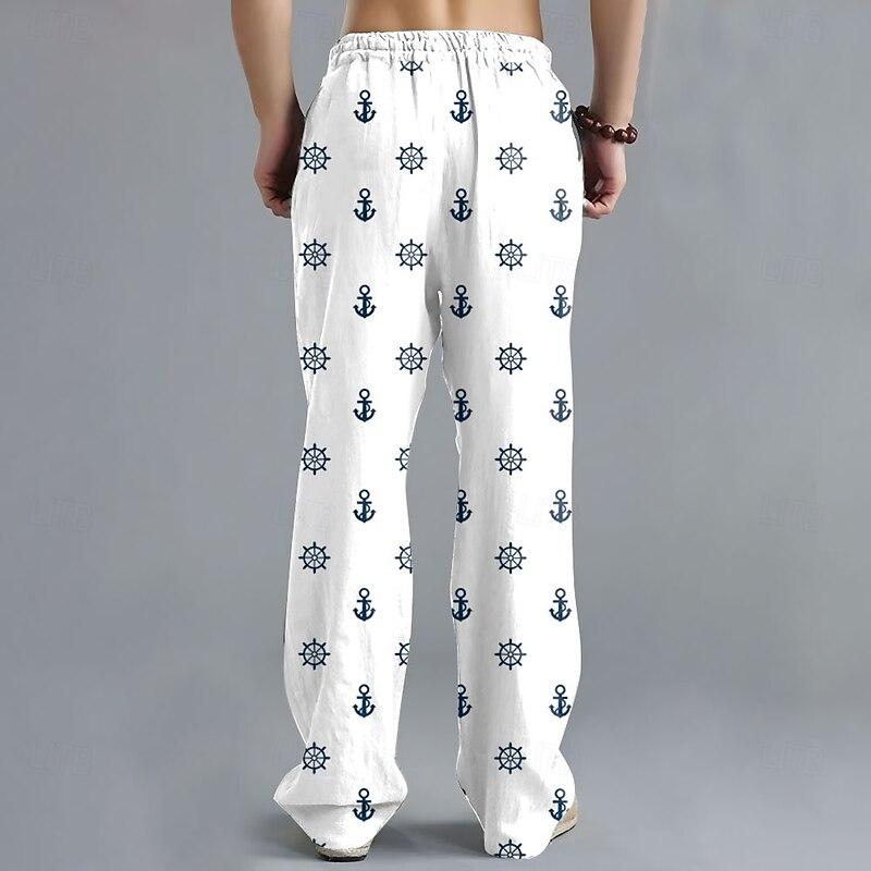 Men's Nautical Anchor Compass Pants Trousers Casual Pants Mid Waist Drawstring Elastic Waist Hawaiian Casual Outdoor Vacation Holiday Straight Leg Trousers Summer Spring Fall 3D Print White Blue khaki2
