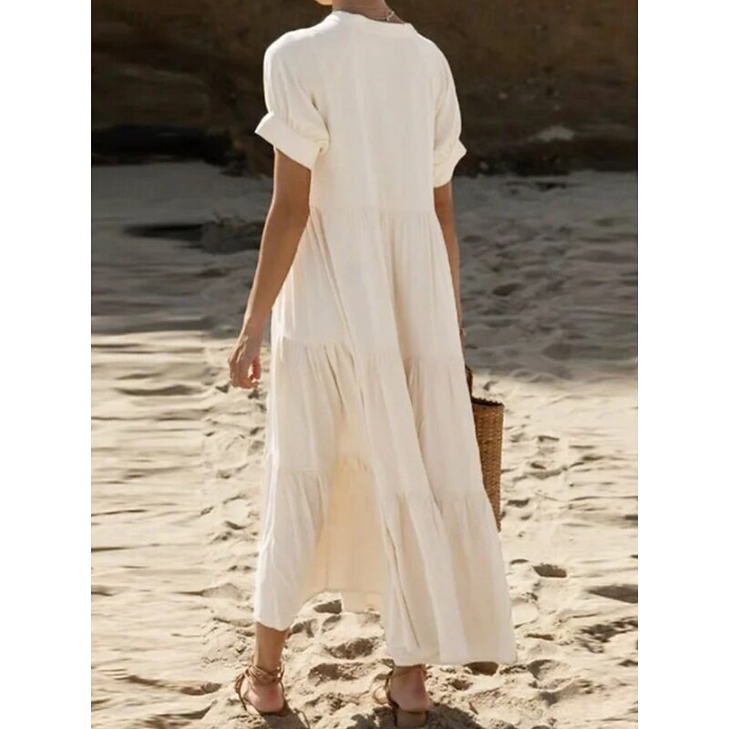 Women's White Dress Maxi Dress Ruffle Casual Stand Collar Long Sleeve Black White Yellow Color2