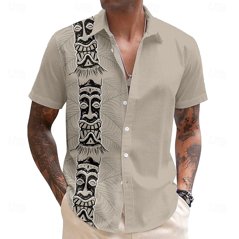 Men's Mask Bandana Print Tiki Casual Shirt Button Up Shirt Aloha Shirt Short Sleeve Tribal Holiday Summer Spring Turndown Button Up Blue Green Beige Gray