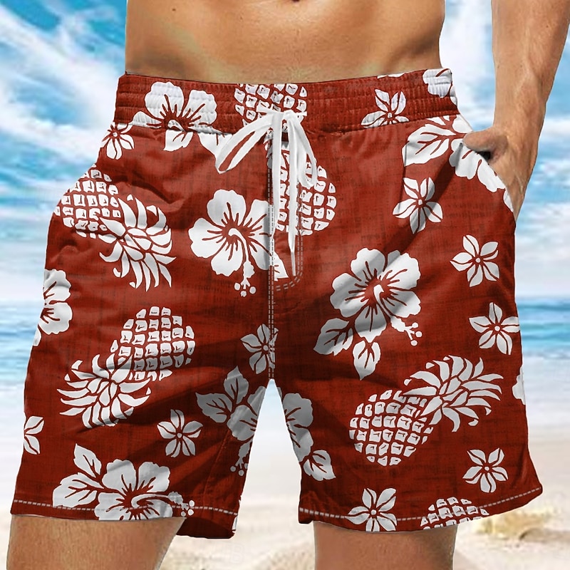 Men's Pineapple Tropical Flowers Swim Trunks Swim Shorts Board Shorts Mid Waist Tropical Streetwear Hawaiian Vacation Daily Holiday Drawstring Elastic Waist 3D Print Designer Clothing Apparel2