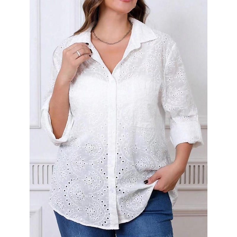 Women's White Elegant Lace Tops Eyelet Blouse Floral Regular Tops Long Sleeve Shirt Collar Buttons Eyelet Regular Fit Daily Romantic Petite Tops Summer Holiday Wear White Purple4