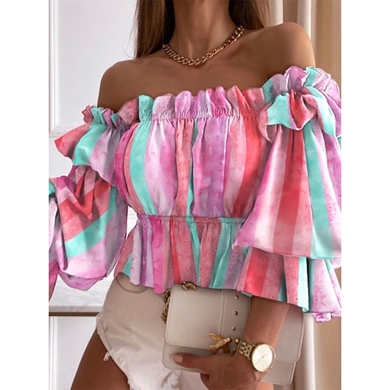 Women's Shirt Blouse Ombre Color Block Casual Half Sleeve Off Shoulder Regular Tops Daily Ruffle Print Pink Blue Green Summer3