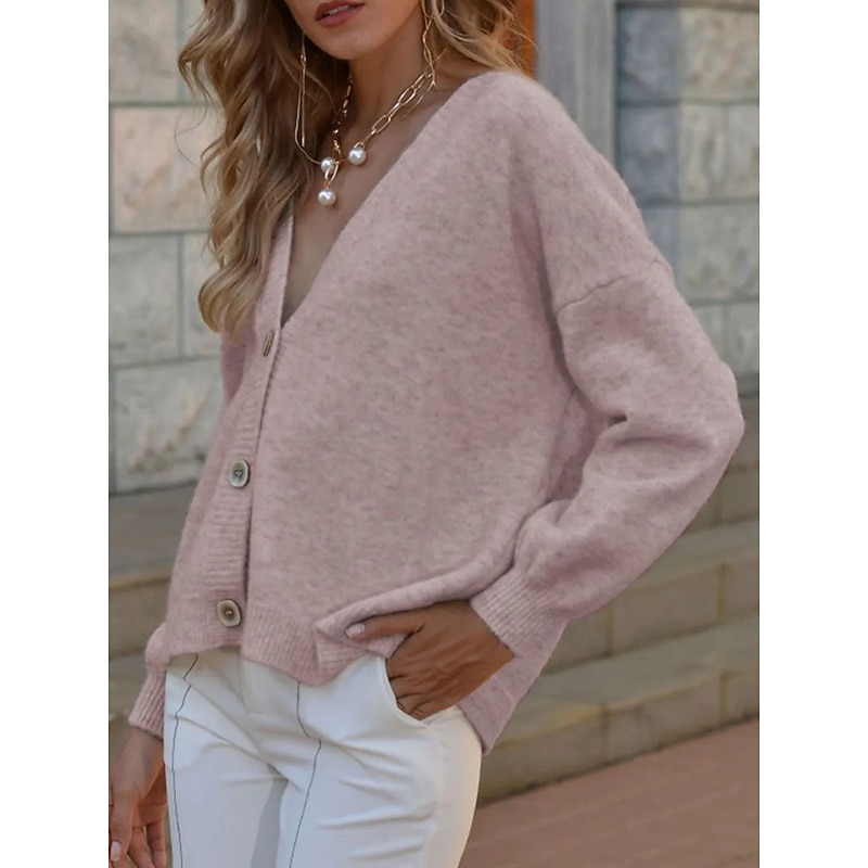 Women's Sweater Cardigan Elegant Fashion Streetwear Pure Color V Neck Buttons Knitted Long Sleeve Regular Tops Knit Outdoor Daily Holiday Yellow Pink Fall Winter2
