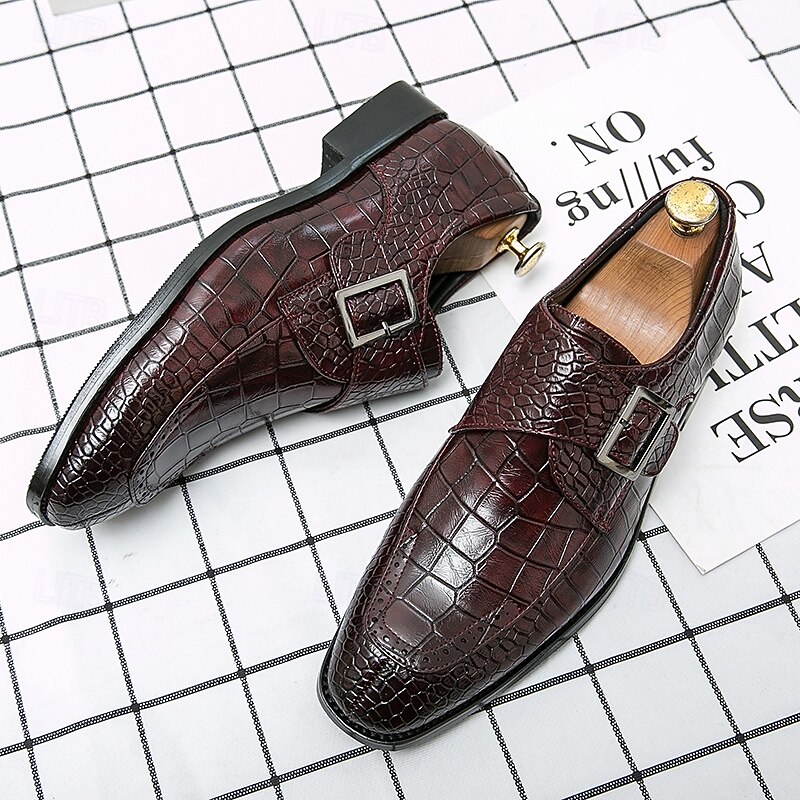 Men's Crocodile Pattern Faux Leather Monk Strap Shoes – Elegant Formal Footwear with Buckle Design for Business and Special Occasions3