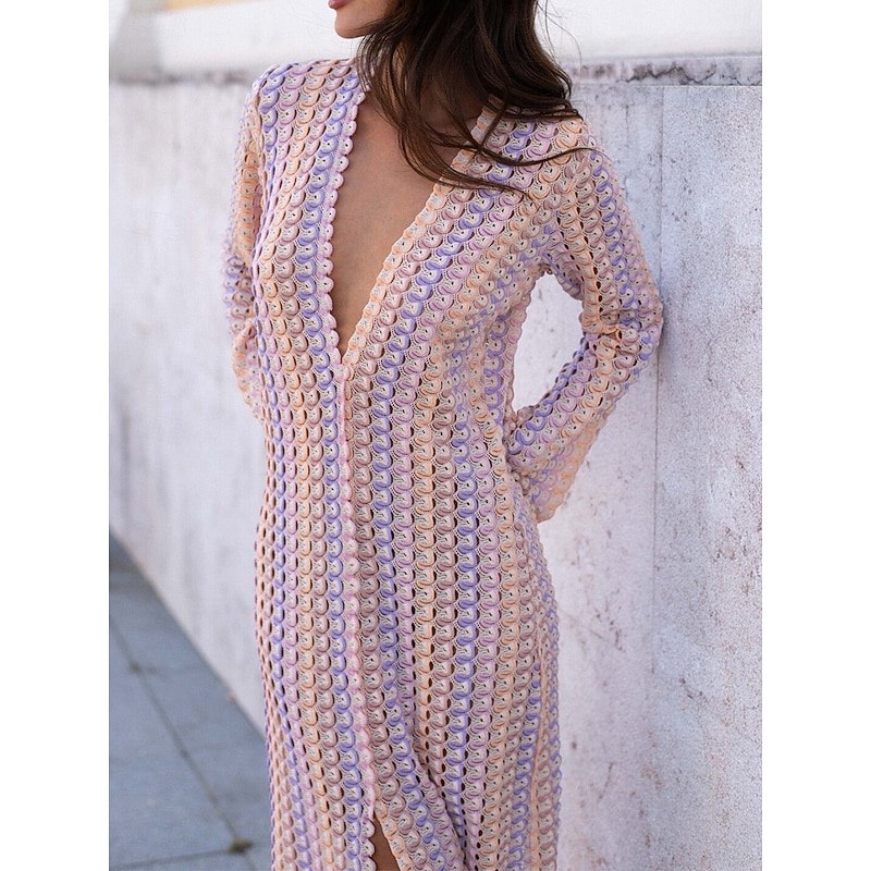 Women's Color Block V Neck Maxi Dress Short Sleeve Spring Fall4