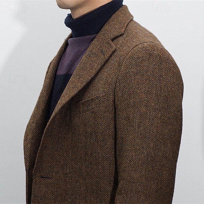 Men's Blazer Jacket Notch Collar Vintage Office Herringbone ArmyGreen Black khaki Tailored Fit Single Breasted Two-buttons4