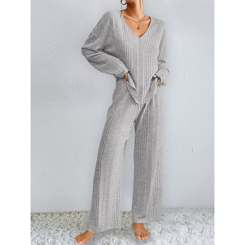 Women's Pajama Set Casual Comfort Pure Color Elastic Waist T Shirt Pant Home Daily Long Sleeve V Neck Black Light Grey Beige Spring Fall Winter Regular Fit