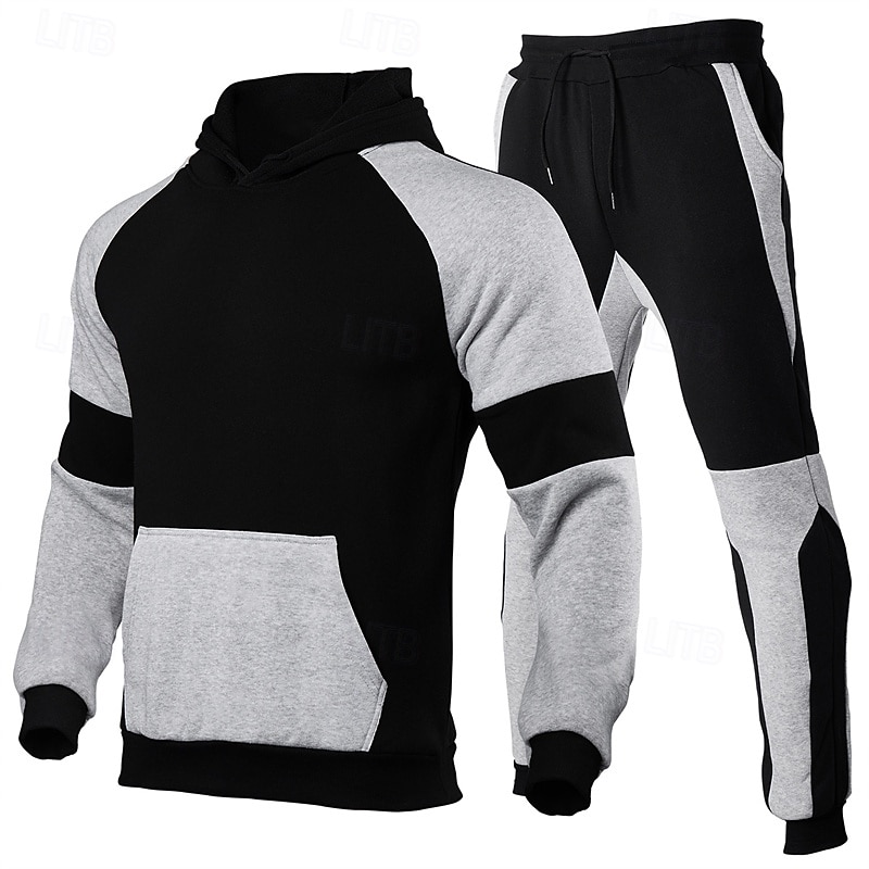 Men's Hoodie Tracksuit Sweatsuit Hoodies Set Black Red Light Grey Black+Gray Gray Hooded Color Block Drawstring 2 Piece Front Pocket Sports & Outdoor Daily Holiday Polyester Streetwear Basic Casual4
