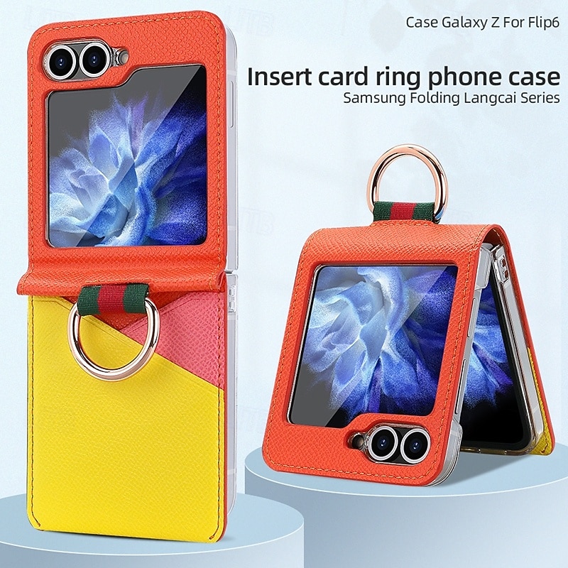 Phone Case For Samsung Galaxy Z Flip 6 Z Flip 5 Z Flip 4 Z Flip 3 Back Cover Card Slot Ring Buckle Shockproof Retro TPU PU Leather2