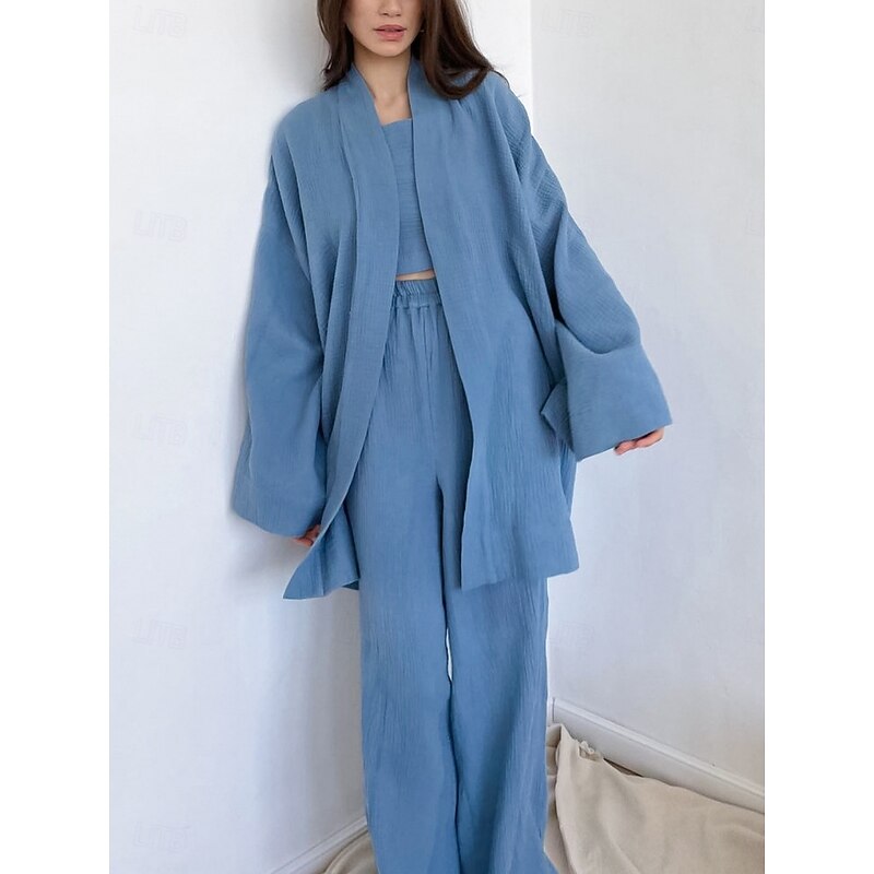 Women's Pajama Set Casual Comfort Pure Color Lace up Elastic Waist Robe Top Pant Home Daily Long Sleeve V Neck White Blue Brown Summer Spring Fall Regular Fit