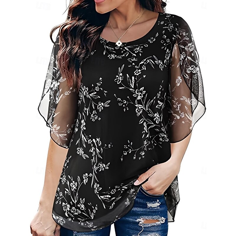 Women's Shirt Blouse Floral Casual 3/4 Length Sleeve Crew Neck Regular Tops Daily Mesh Patchwork Print Black Wine Blue Summer Spring3