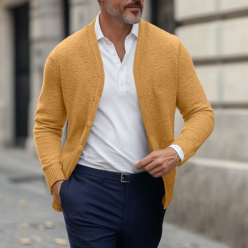 Men's Cardigan Sweater Knitted Cardigan Ribbed Knit Regular Tops Knitted Plain V Neck Warm Ups Modern Contemporary Daily Wear Going out Clothing Apparel Winter Black Red S M L2