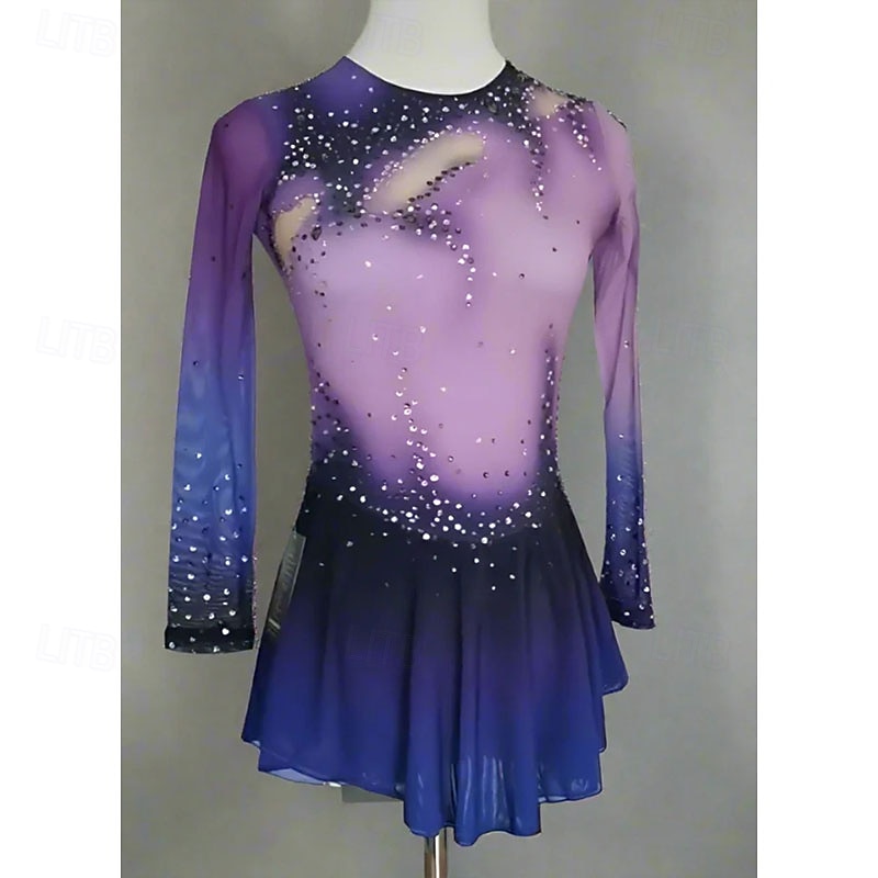 Figure Skating Dress Women's Girls' Ice Skating Dress Purple Blue Patchwork High Elasticity Training Competition Skating Wear Classic Crystal / Rhinestone Long Sleeve Ice Skating Figure Skating