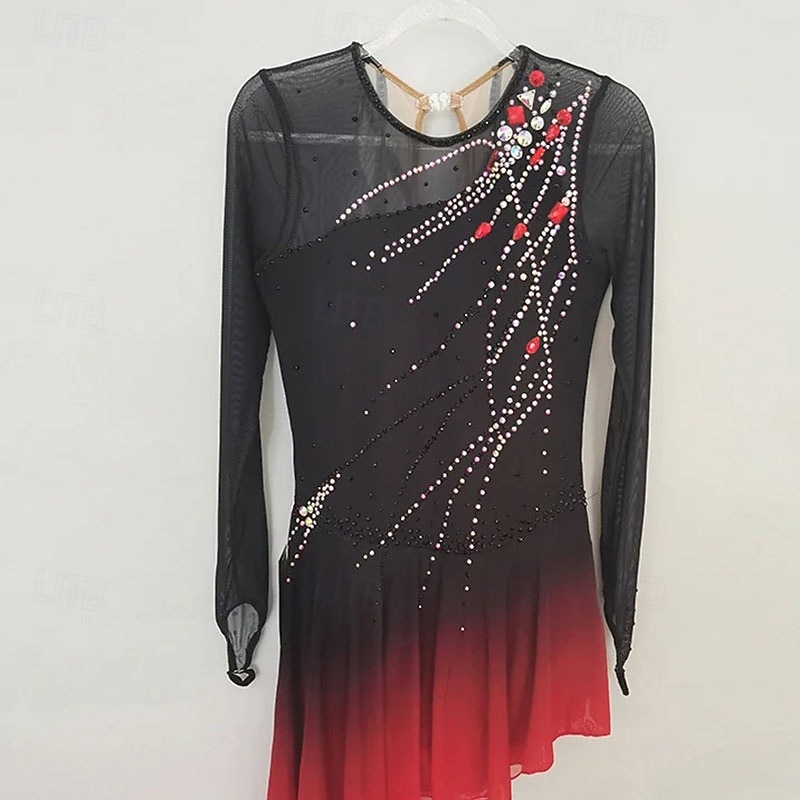 Figure Skating Dress Women's Girls' Ice Skating Dress Black Red White Patchwork High Elasticity Training Competition Skating Wear Classic Crystal / Rhinestone Long Sleeve Ice Skating Figure Skating3
