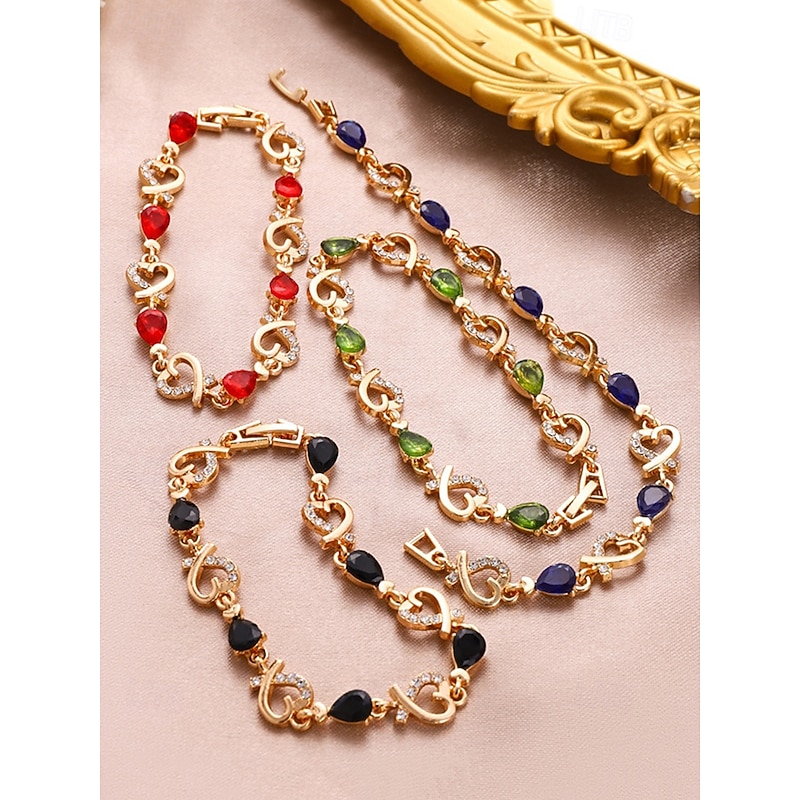 Women's Gold Bracelet with Red Teardrop Crystals and Heart-Shaped Accents, Elegant Romantic Design for Valentine's Day Gift, Weddings, and Special Occasions3