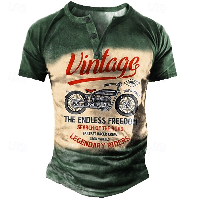 Men's Motorcycle Vintage T Shirt Graphic Tee Short Sleeve Daily Henley Street Style Casual Summer Spring Green Henley Collar Henley T-Shirt