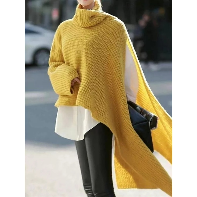 Women's Sweater Casual Soft Pure Color Ribbed Turtleneck Split Knitted Long Sleeve Regular Tops Knit Outdoor Daily Weekend White Yellow Fall Winter