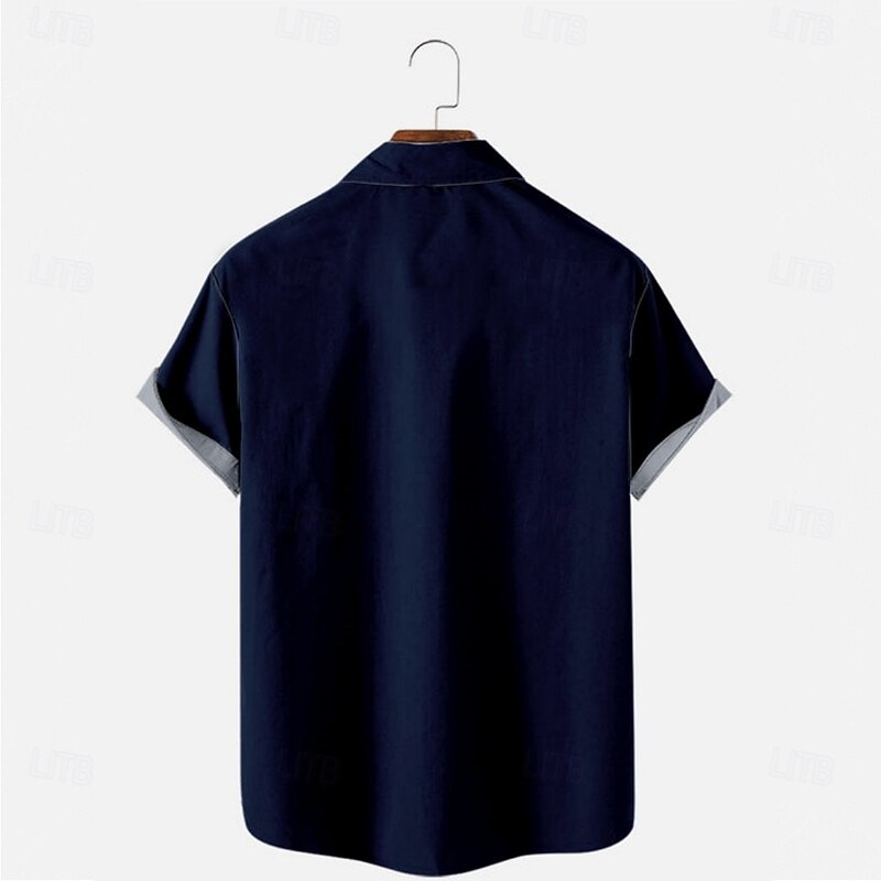 Men's Color Block Bowling Ball Bowling Shirt Button Up Shirt Short Sleeve Fashion Casual Sport Causal Casual Summer Spring Turndown Button Up Pocket Navy Blue2