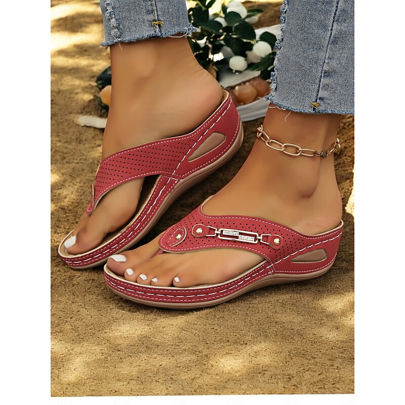 Women's Red Perforated Flip-Flop Sandals with Rhinestone Decoration Comfortable Summer Shoes for Casual Wear and Beach Outings3