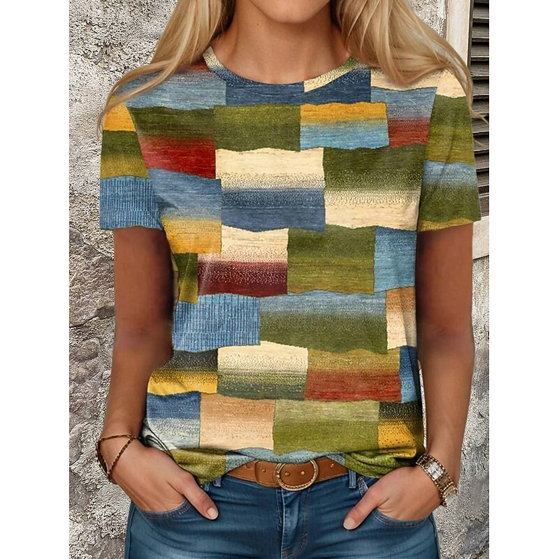 Women's T Shirt Geometric Casual Short Sleeve Round Neck Regular Tops Daily Print Green Summer2