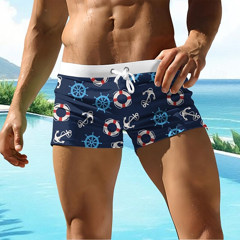 Men's 3D Print Nautical Anchor Swim Trunks Swim Shorts Board Shorts Mid Waist Fashion Designer Surfing Holiday Beach Drawstring Elastic Waist Zipper Pocket Designer Clothing Apparel
