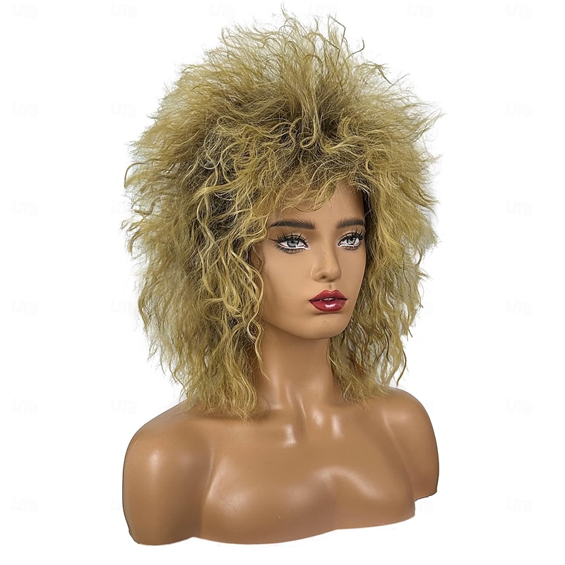 Short Blonde Curly Wig Mullet Blonde Brown Wig with Dark Roots 70s 80s Rocker Wig Two Tone Layered Wig Cosplay Costume Wigs Women Men For Carvinal Halloween Wigs4