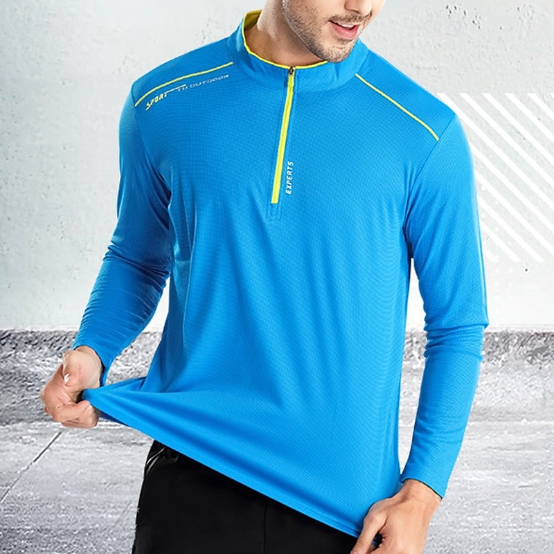 Men's T shirt Hiking Tee shirt Long Sleeve Quarter Zip Tee Tshirt Muscle T-Shirt Bodybuilding Stretch Tee Outdoor Quick Dry Workout Soft Sweat wicking Polyester Red Royal Blue Orange Gym Climbing