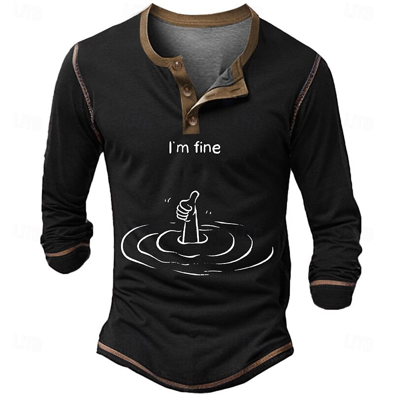 Men's Long Sleeve Henley Shirt with Funny 'I'm Fine' Drowning Graphic. Ironic Lifestyle Humor.4