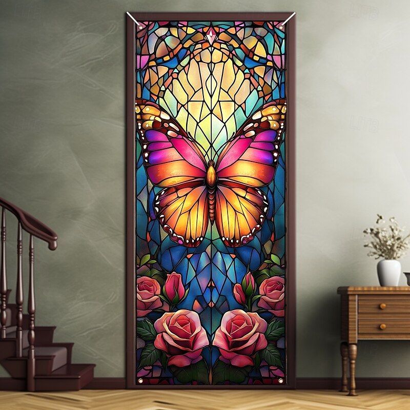 Stained Glass Effect Door Decorations Door Covers Butterfly Door Tapestry Door Curtain Decoration Backdrop Indoor/Outdoor Door Banner for Front Door Farmhouse2