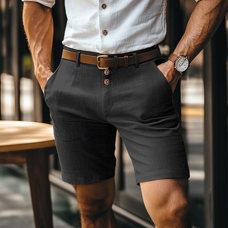 Men's Shorts Linen Shorts Buttons Pocket Straight Leg Plain Comfort Breathable Short Business Business Black White4