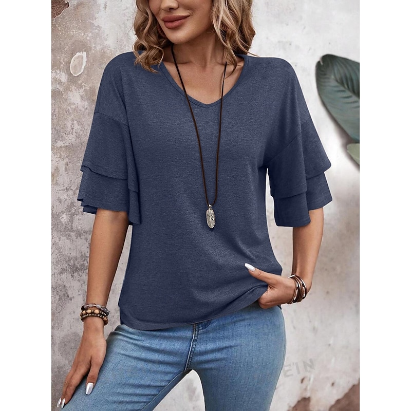 Women's T Shirt Plain Fashion Modern Casual 3/4 Length Sleeve V Neck Regular Tops Daily Weekend Ruffle Pink Navy Blue Khaki Summer Spring