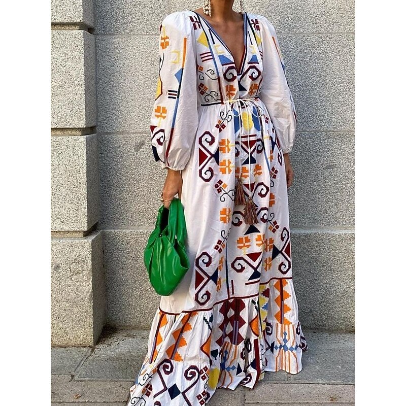 Women's Maxi Dress Casual Dress A Line Dress Boho Dress Vintage Casual Vacation Daily Regular Fit Geometric Long Sleeve V Neck White Spring Fall2