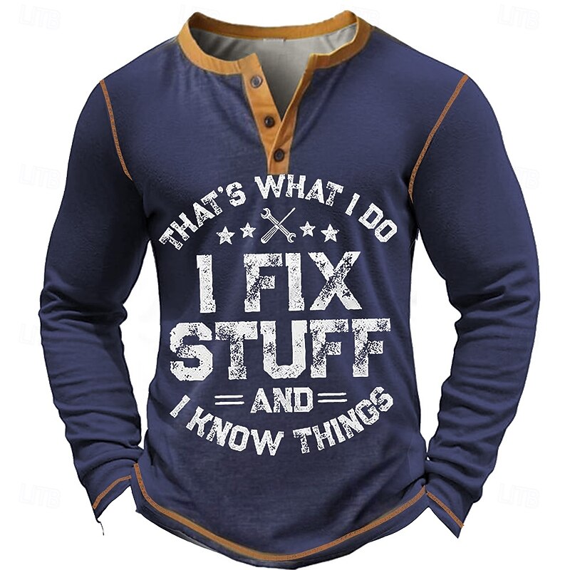 Men's Graphic Letter I FIX STUFF Henley Shirt Tee Long Sleeve Vintage Fashion Designer Outdoor Casual Daily Spring &  Fall Army Green Dark Gray Navy Blue Dark Blue Henley Henley T-Shirt