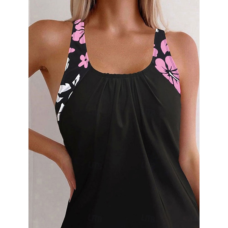 Women's Swimwear Tankini 2 Piece Boy Leg Swimsuit Backless High Waist Vacation Beach Wear Floral U Neck Sleeveless Bathing Suits3